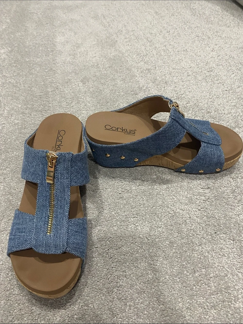 Corkys Denim Gold-Zip Slide Sandals - Blue